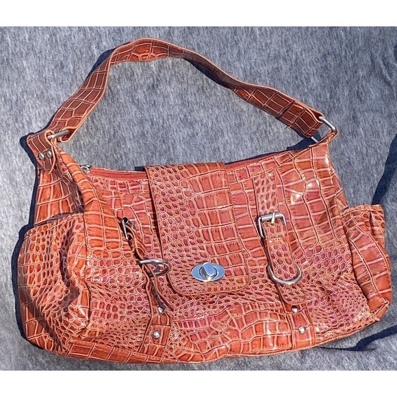 Orange Alligator Embossed Hobo Shoulder Bag Handbag Pockets Glossy Patent Finish - Picture 13 of 16